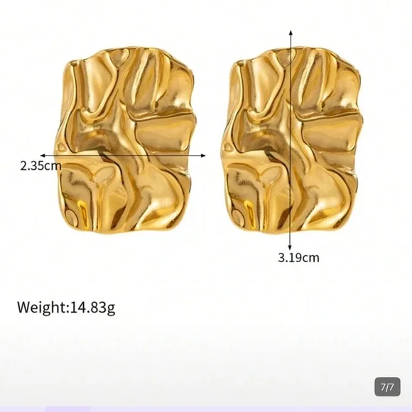 18K Gold Plated Textured Chunky Rectangle Earrings Stainless Steel - Picture 2 of 6